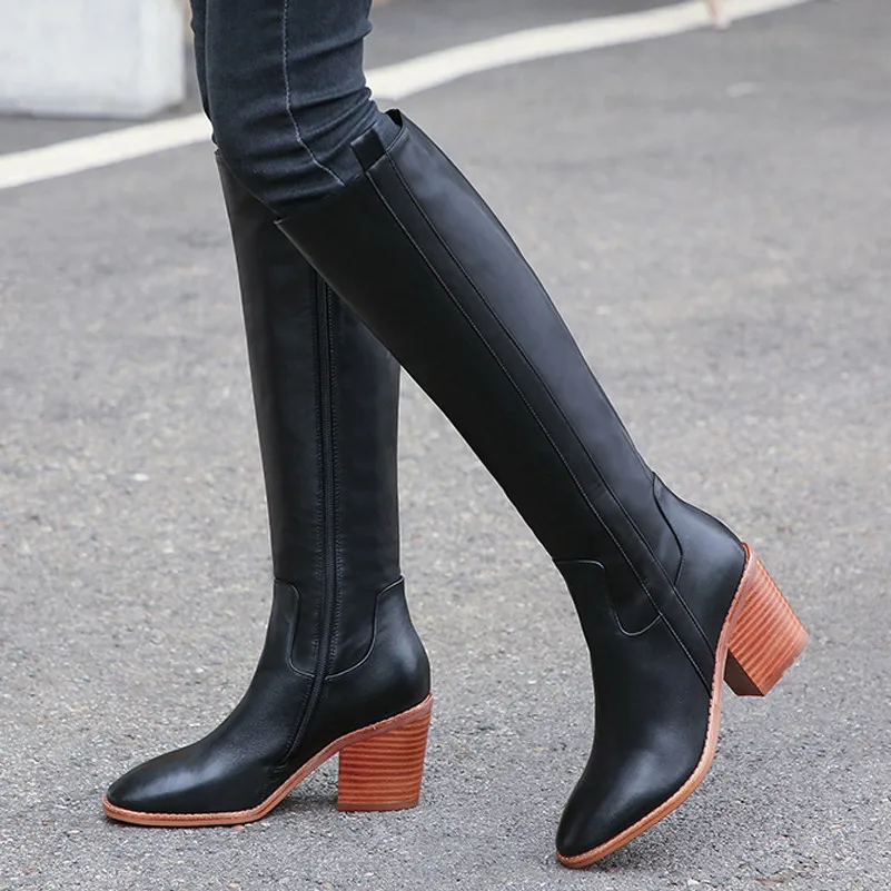 Meotina/Осенние Сапоги до колена женские высокие сапоги из натуральной кожи на высоком блочном каблуке обувь на молнии с круглым носком женская зимняя обувь 34-43