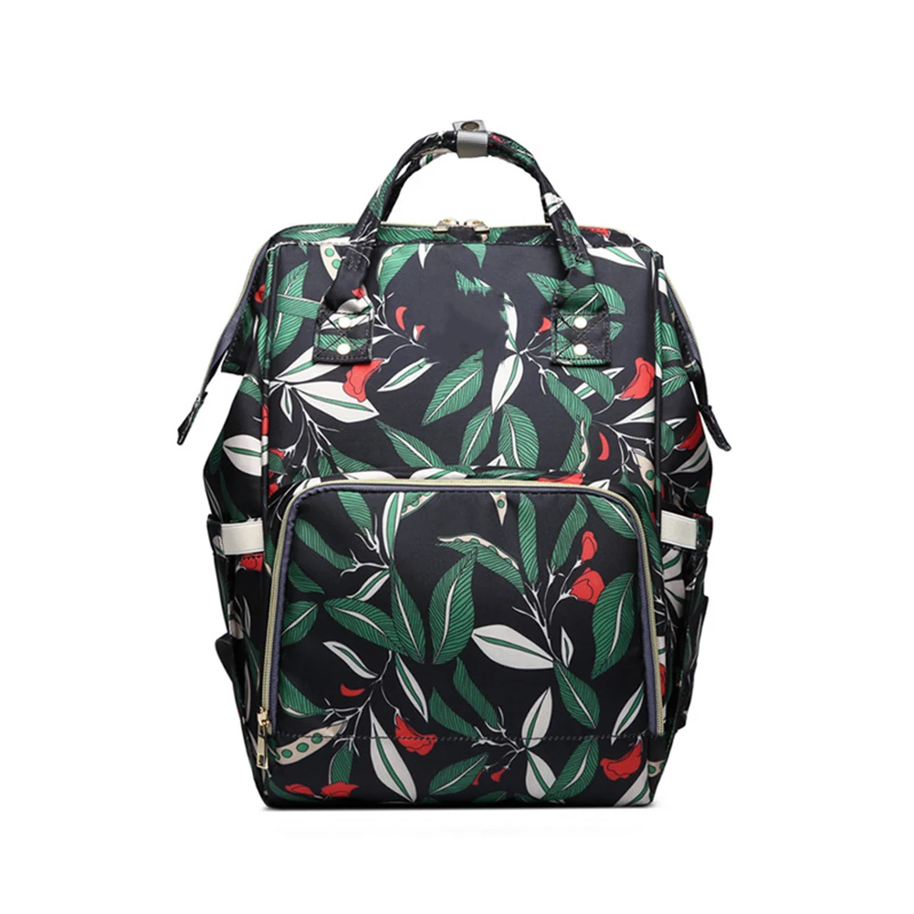 

Mom Backpack Zipper Nursing Waterproof Large Capacity Portable Baby Care Leaves Print Travel Multifunctional Diaper Bag Nappy