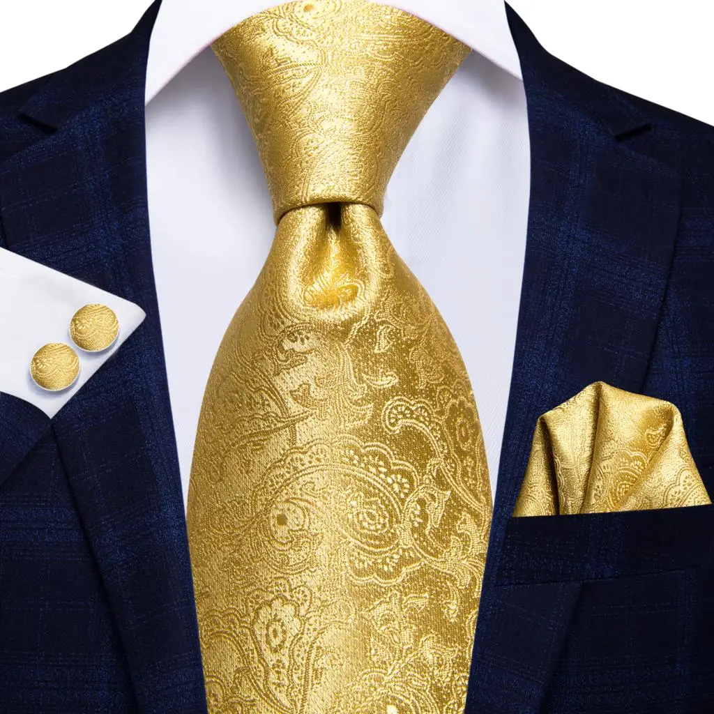 Hi-Tie Silk Men Tie Set Floral Yellow Gold Ties and Handkerchiefs Cufflinks Set Men's Wedding Party Suit Fashion Neck Tie C-3053 neck tie pocket square mini handkerchief