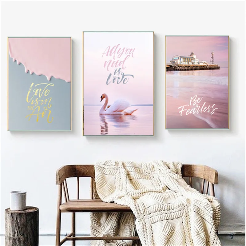 

Foreign Trade Hot Selling Northern European-Style Modern Pink Beach Sea View Scenery Character Cool Home Decoration Hanging Pain