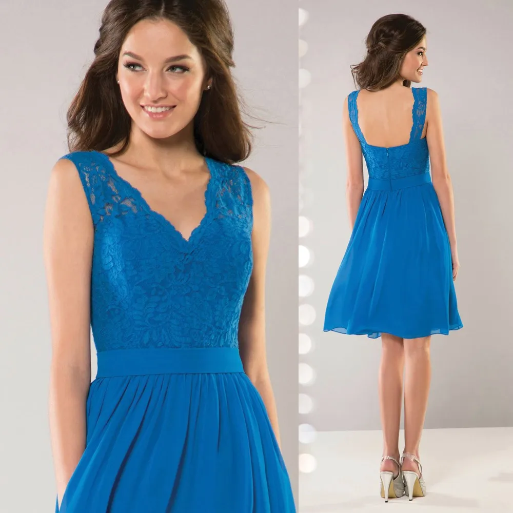

2015 Modest Blue Short Bridesmaid Dress V Neck Lace Wedding Guest Wear Knee Length Chiffon Vestidos B2301