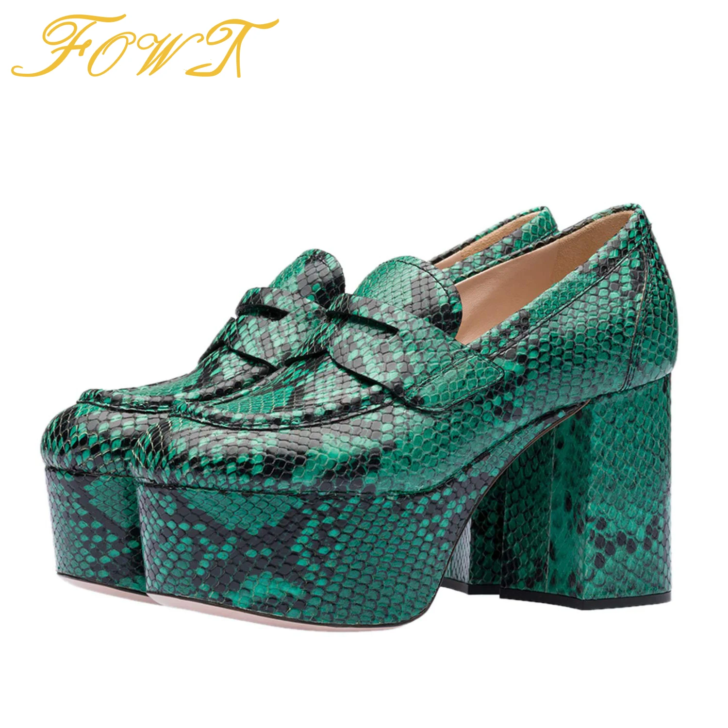 

Snackskin High Chunky Heels Women's Pumps Platform Square Toe Loafers Novelty Fashion Autumn Ladies Shoes Slip On Big Size 45 46