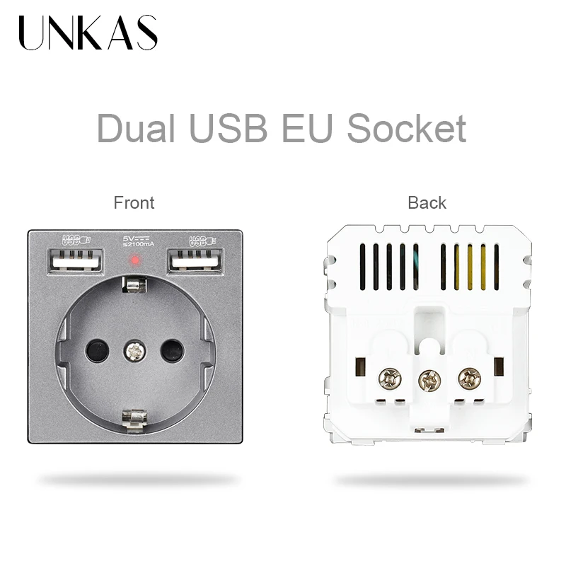 UNKAS pannello in vetro grigio combinazione fai-da-te presa europea francese abbinata gratuita Dual USB 1 2 3 4 Gang interruttore a pulsante On / Off a 1/2 vie