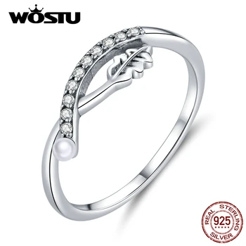 

WOSTU Leaf Pearl Ring 925 Sterling Silver Geometric Shiny Zircon Ring Finger For Women Wedding Party Fashion Jewelry Gift CTR111