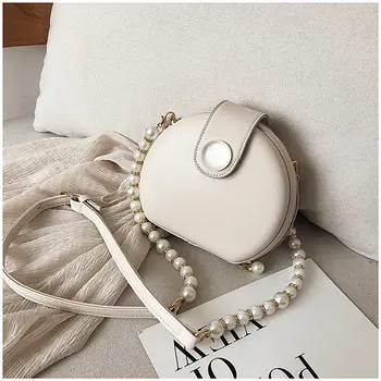 

New Handmade Fashion Round Circular Shape Evening Clutch Bag Women Soft Pearl Chain Shoulder Messenger Bags Classic Totes