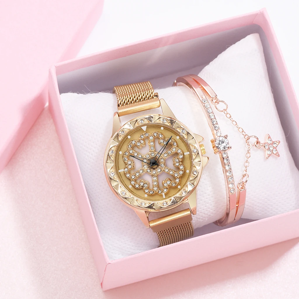 Watch And Bracelet Роскошные женские часы из розового золота, специальный дизайн, 360 градусов вращения, бриллиантовый циферблат, сетчатый магнит, звездное небо, женские кварцевые часы - Цвет: Watch And Bracelet