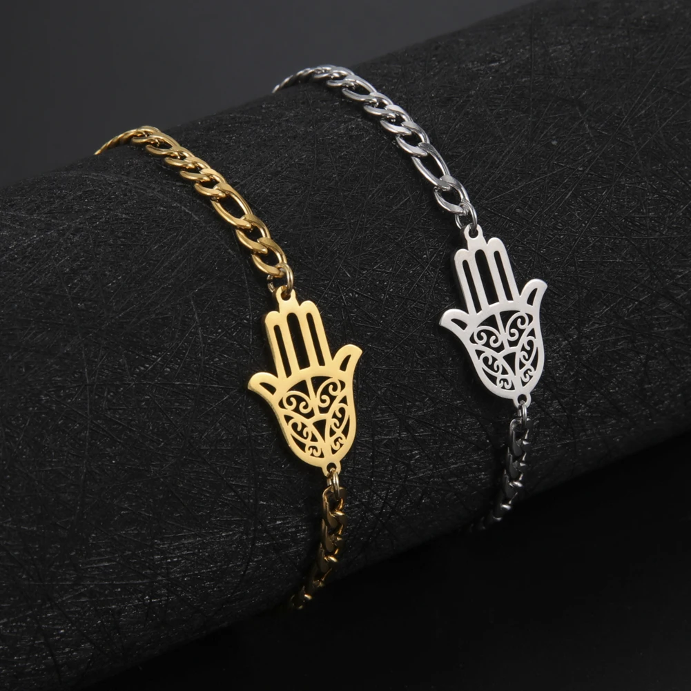 Skyrim-Bracelets main de Fatima pour femme, amulette Hamsa, bracelet en or, acier inoxydable, cadeau bijoux porte-bonheur islamique, document à la main, 2024