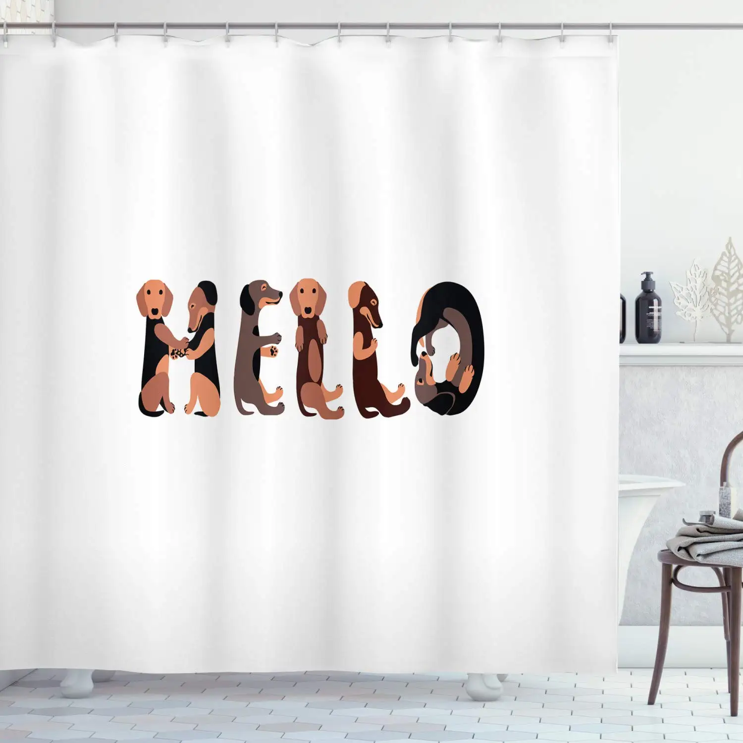 Dachshund Shower Curtain Puppies Spelling The Word Hello Animal Font Design Bathroom Decor Set with Hooks | Дом и сад