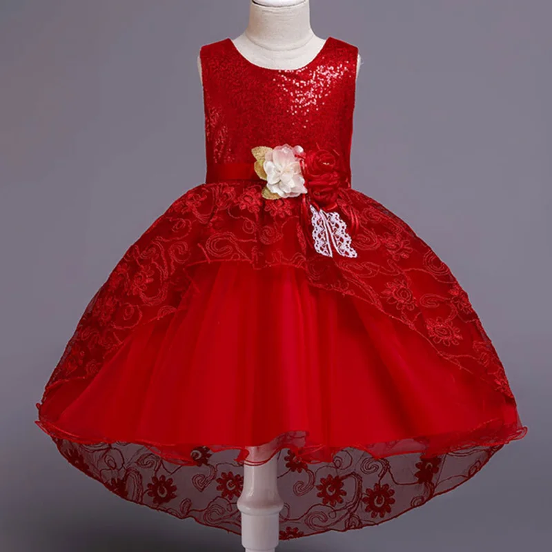 INS/платье с блестками для девочек; кружевное платье принцессы со шлейфом и цветами; Vestido; Детские платья для девочек; детское праздничное платье для свадьбы; От 3 до 8 лет - Цвет: red