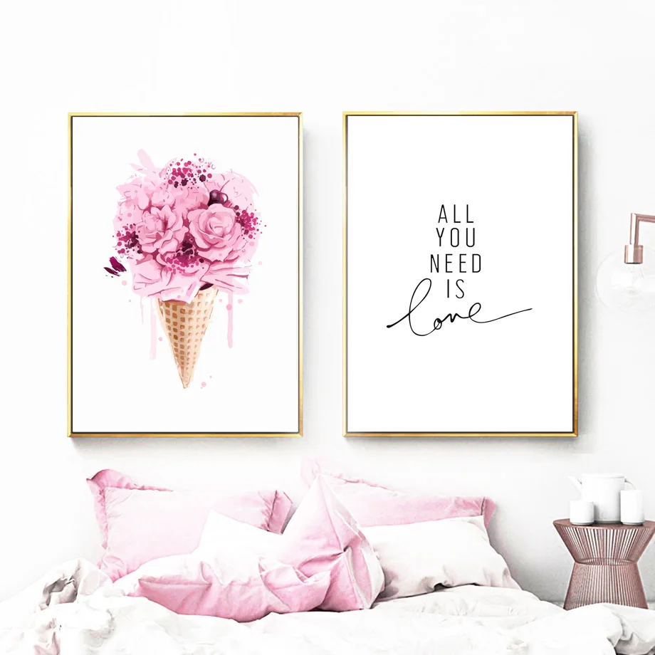 Pink-Flamingo-Flower-Ice-Cream-Love-Quote-Wall-Art-Canvas-Painting-Nordic-Posters-And-Prints-Wall