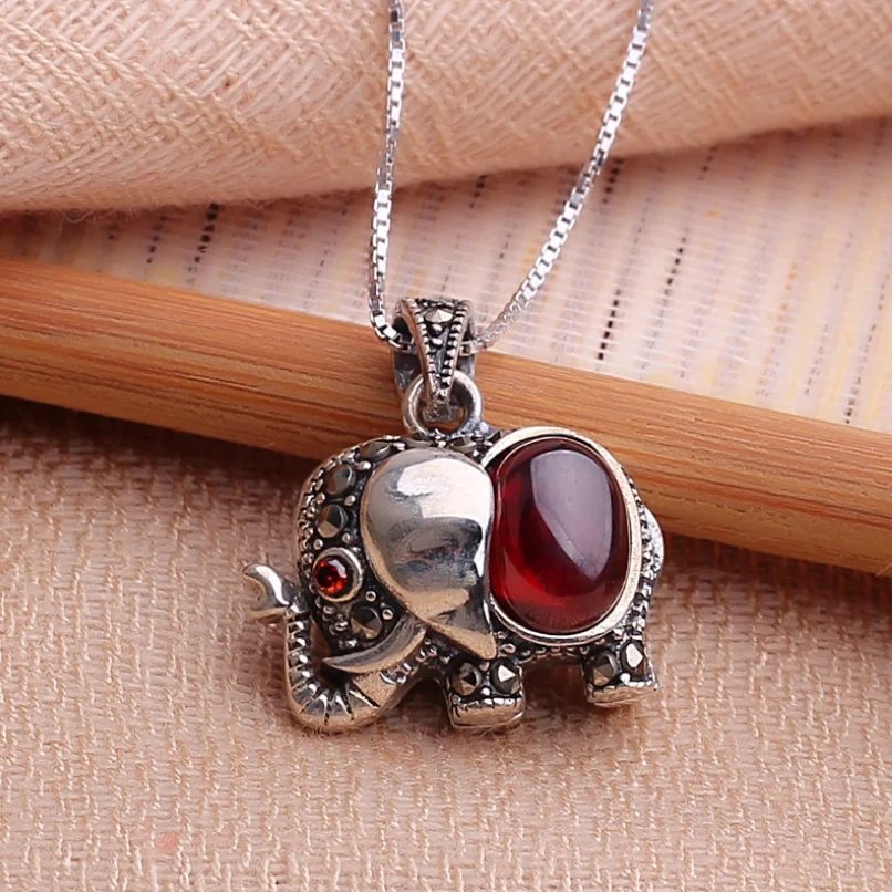 

S925 Sterling Silver Elephant Fish Fox Crab Garnet Pendant With Box Chain Silver Crystal Vintage Necklaces & Pendants Jewelry