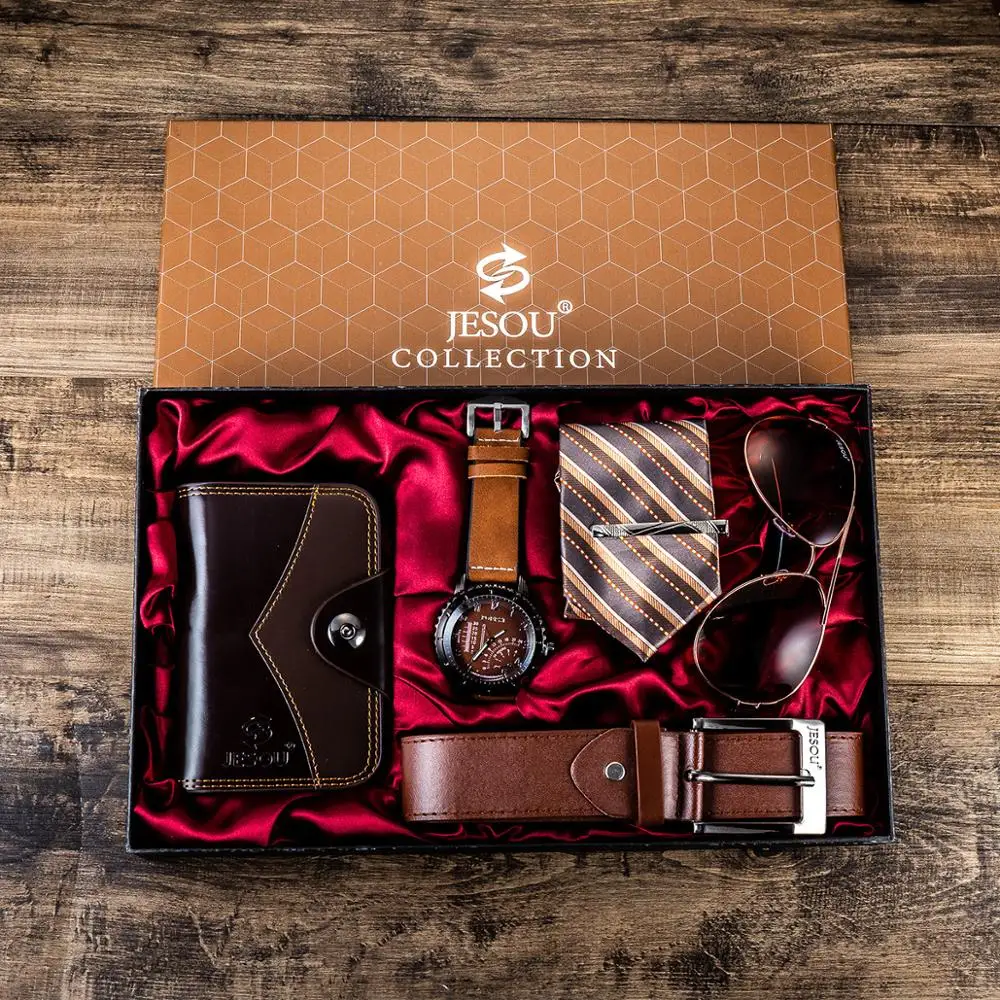 

Fashion personality men quartz watch leather bag sunglasses tie creative 6pes / set gift box holiday gift regalos parahombre