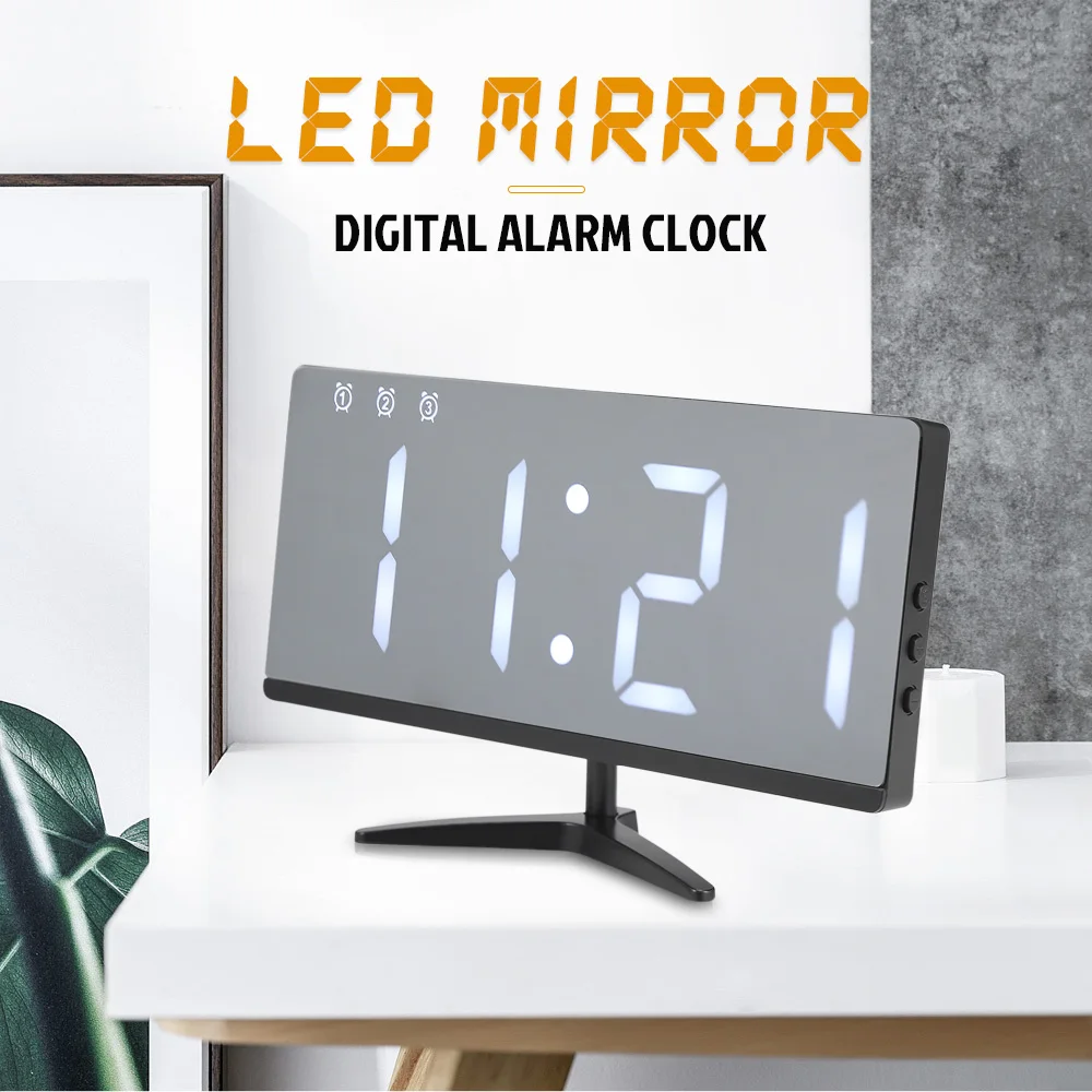 

LED Mirror Digital Alarm Clock Snooze Time Date Temperature Cycle Display USB Charging Battery Power Adjustable Brightness Clock