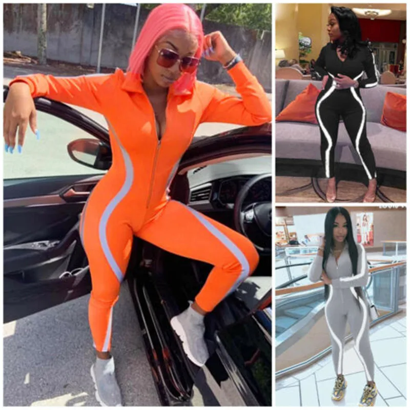 

New Women Sexy V-neck Long Sleeve Bandage Playsuit Long Sleeve Reflective Bodysuit Front Zipper Romper Jumpsuit Catsuit Ciubwear