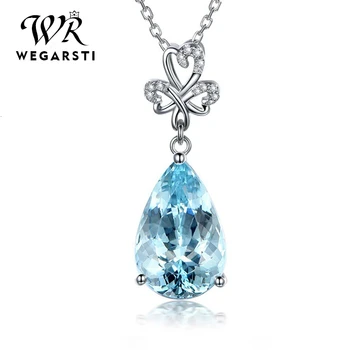 

WEGARASTI Silver 925 Jewelry Necklace Pendent Aquamarine Water Drop 925 Sterling Silver Jewelry Woman Wedding Party Gift