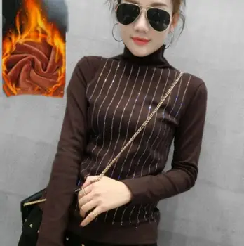 

2019 autumn winter women's hot drilling bottoming shirt fashion high collar plus velvet slim wild long-sleeved T-shirt top r2158