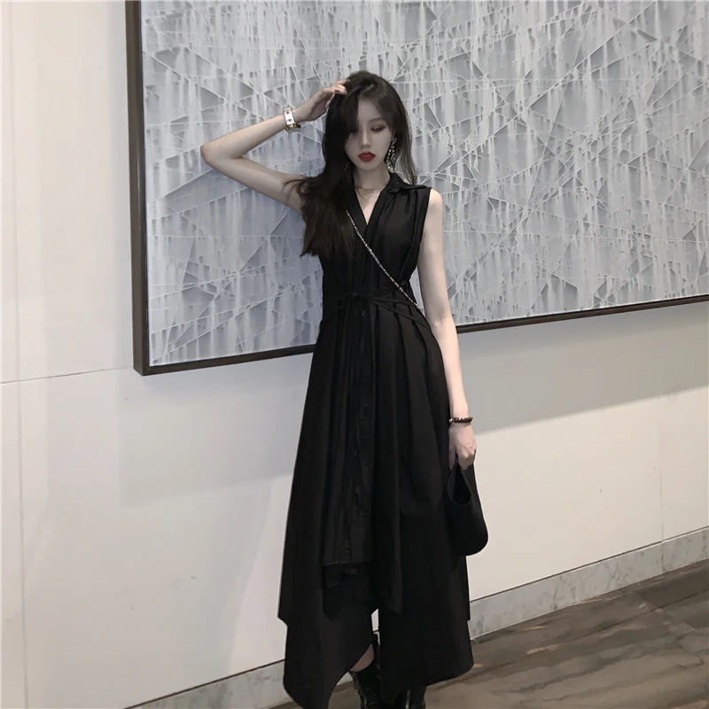 

Ladies Sleeveless Dress A-Line Skirt Summer New Solid Color Lapel Belted Waist Below The Knee Irregular Asymmetrical Skirt