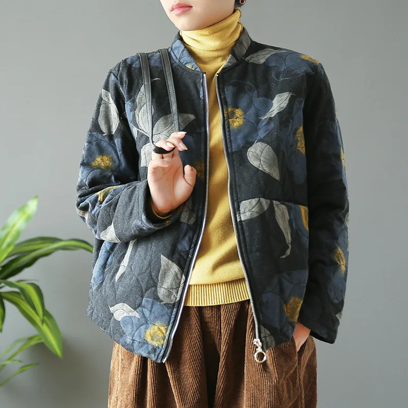 

Qi Juan Draw Autumn And Winter New Style Literature And Art Printed Stand Collar Cotton Coat Women's Korean-style Loose-Fit Vers