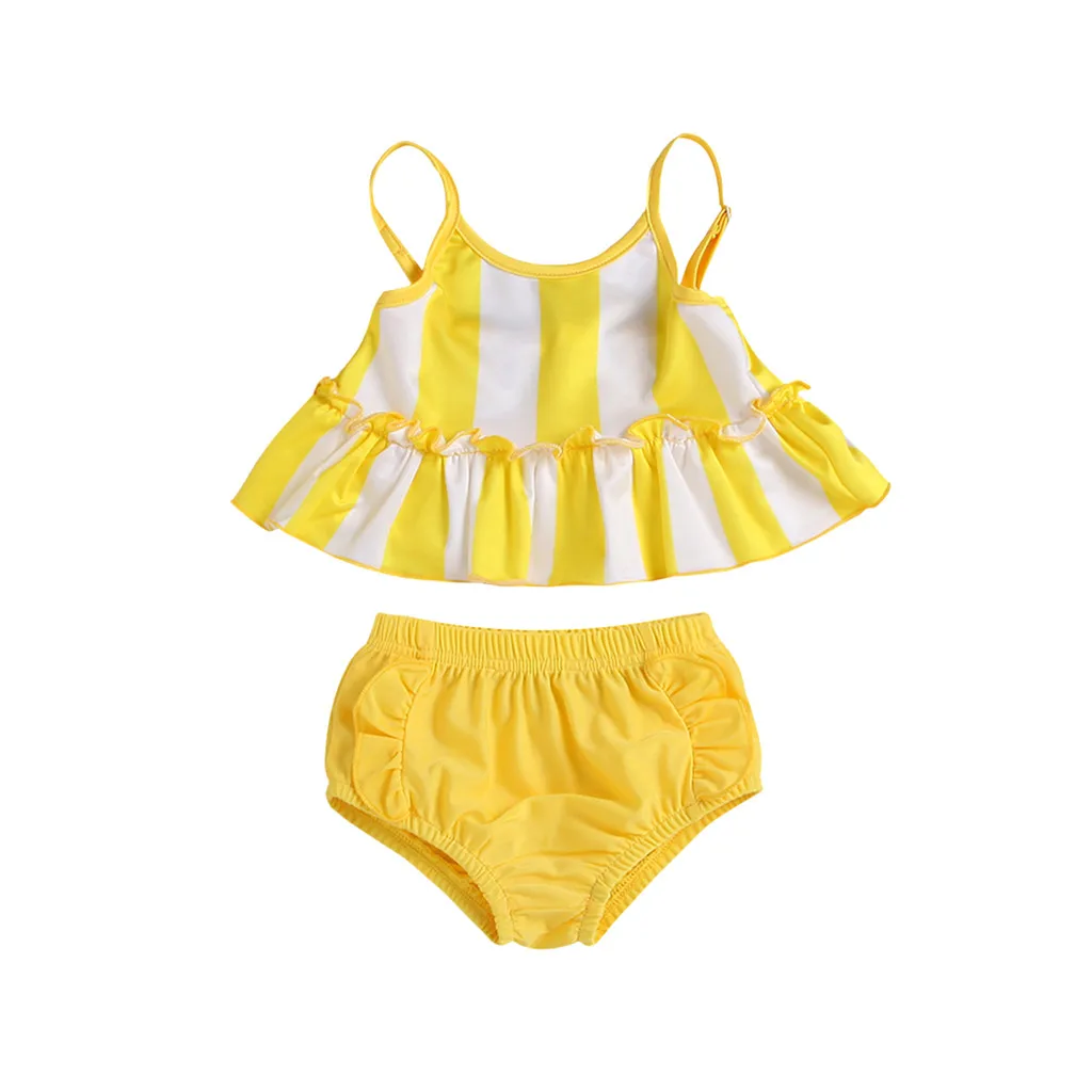 

Girl swimsuit children Striped Sling Frilled Top Solid Shorts Split Swimsuit Two Piece Set Bathing Suit Clothes L1205