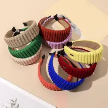 

Trendy Broad-brimmed Striped Head Hoop Solid Color All-matched Sponge Wide Side Hair Accessories Winter Knitted Wool Hair Hoop