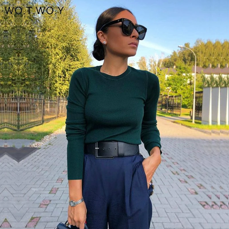 

WOTWOY Autumn Winter Basic Knitted Sweater Women White Slim Fit Bottoming Knitwear Pullovers Women Casual Sweaters Female Jumper