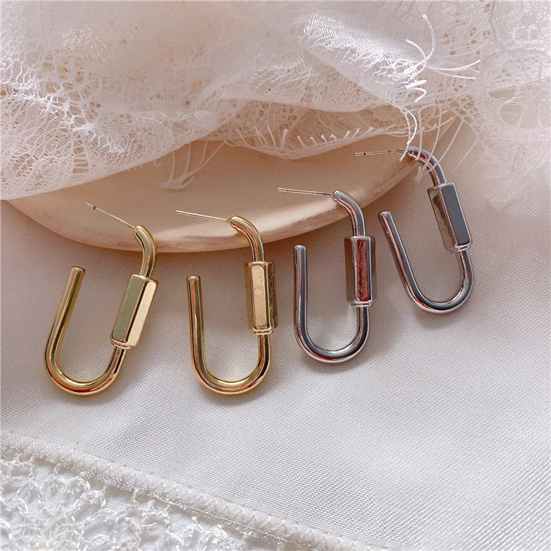 

Geometric Irregular Imitation Screw Opening U Shape Punk Simple Lock Long Stud Earrings for Women Girls Jewelry KE2517