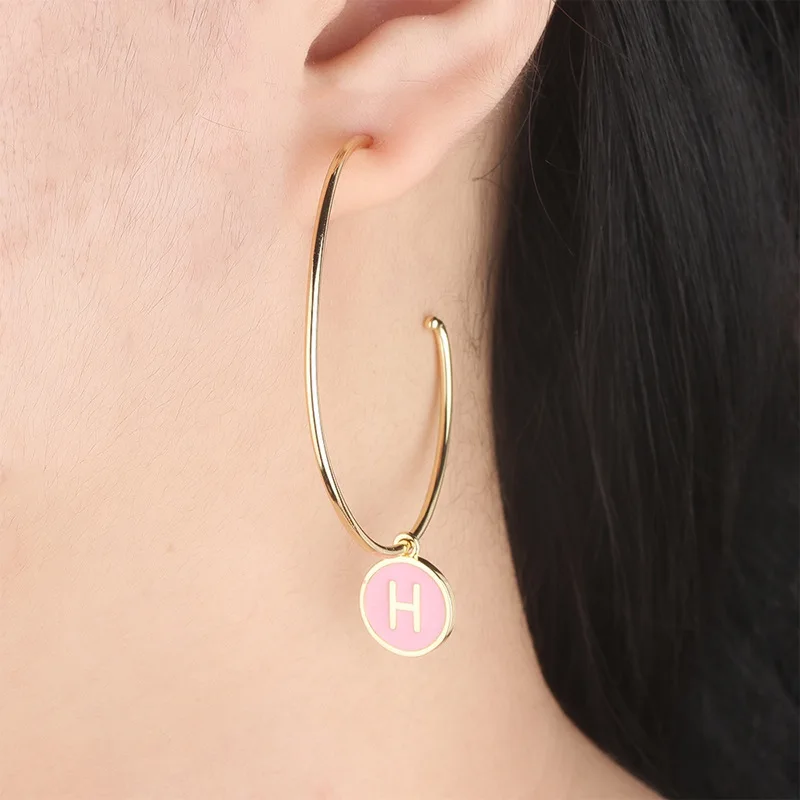 2020Gold Copper Colorful Movable Pink Letter H Big Round Earrings Fashion Female Party Gift For Womens jewelry | Украшения и