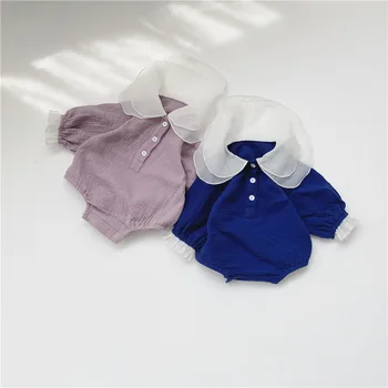 

5092 Fashion Baby Kids One Piece Clothes Mesh Collar Cute Girl Romper Long Sleeve Baby Boy Onesies 100 Days Party Clothes