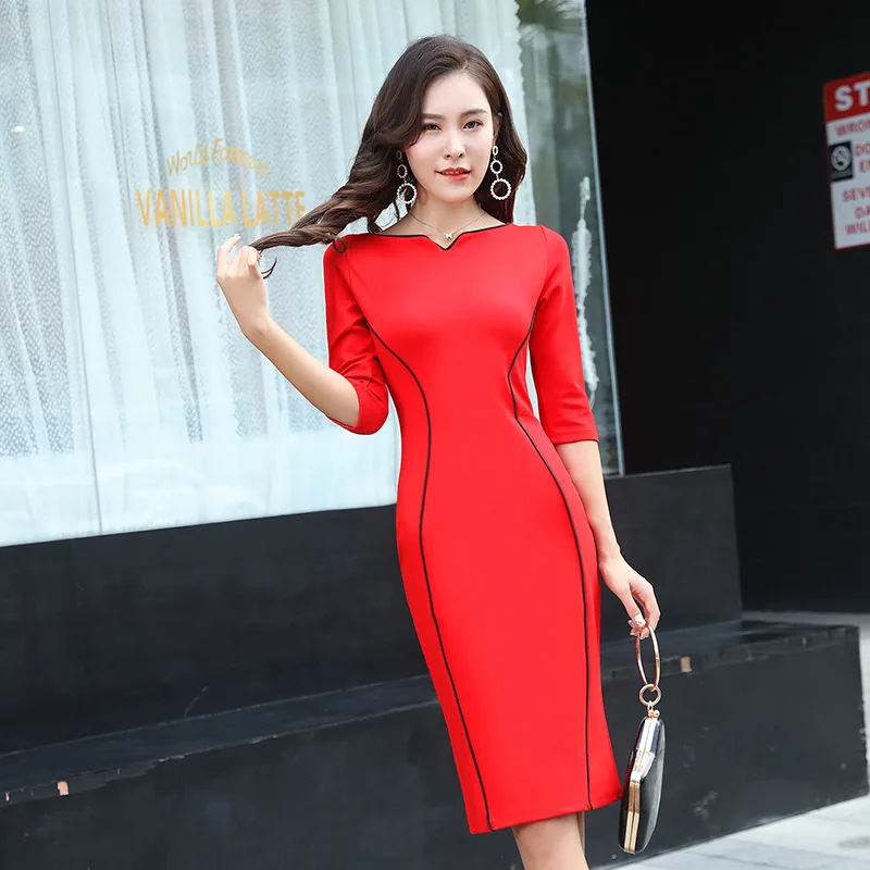 

2019 Spring And Autumn New Style Three-quarter-length Sleeve Sheath Medium-length Dress Slim Fit Waist Hugging Slimming Mixed Co