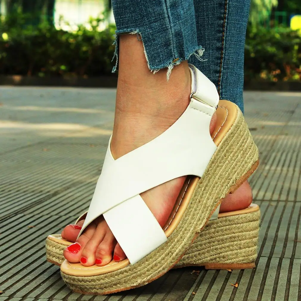 

Women Pumps Cross-tied Shoes High Heels Platform Wedge Sandals Summer Cross Girdle Hook and Loop Solid Shoes Linen Sole Mujer