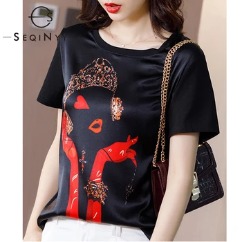 

SEQINYY Black Silk Tee 2020 Summer New Fashion Runway Short Sleeve Queen Print Loose Casual Female