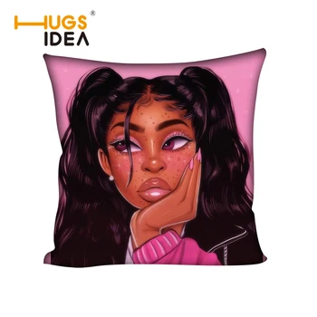 

HUGSIDEA Black Queen African Girl Cushion Cover Cartoon Afro Lady Throw Pillows Sofa Car Pillow Case Home Decoration Pillowcase