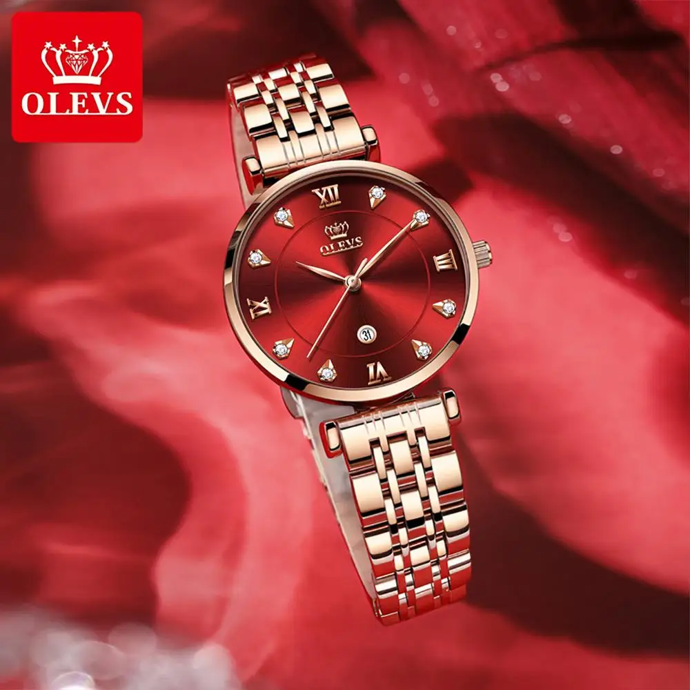 OLEVS-relojes de lujo para mujer, de cuarzo, informal, a la moda, resistente al agua, de acero inoxidable, oro rosa, femenino
