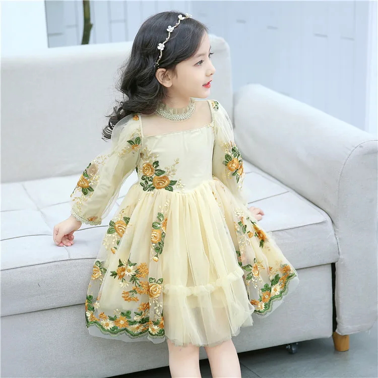 Goede Meisje Kant Tutu Bloem Print Jurk Lange Mouwen Lente Trouwjurken Elegant Voor Tiener Prinses Kleding Borduren Elves