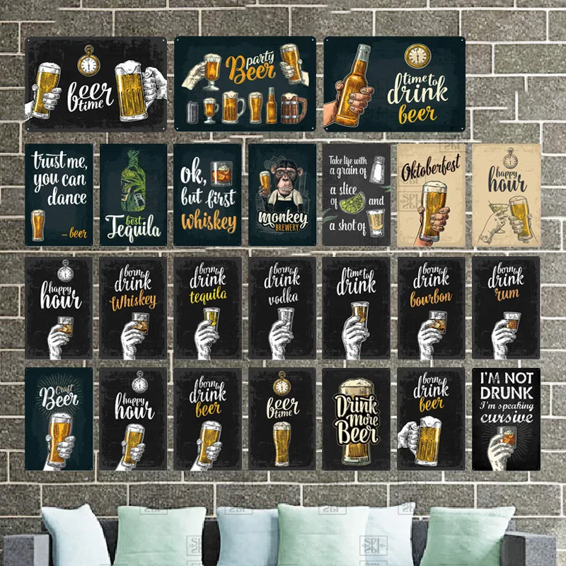 

Beer Time Lettering Retro Bar Toasting Pattern Bar Metal Sign Plaque Tin Sign Metal Plate Wall Art Decor Club Decoration Board