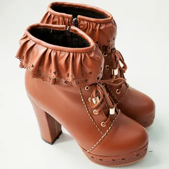 

Women Boots Autumn Winter Boots Female Lolita Sweet Round Toe Lace Up Platform High Heel Ankle Snow Boots Plus Size botas mujer