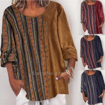 Średniowieczne kobiety Retro nadruk sztruks Tee topy indyjski Pakistan odzież luźna koszulka moda luźna bluzka Vintage Streetwear tanie i dobre opinie Tops WOMEN Poliester CN (pochodzenie) Print Red Brown Blue 100 M L XL 2XL 3XL 4XL 5XL