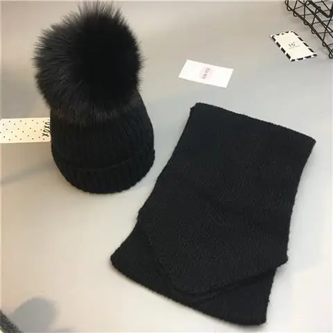 BLACK Set Fox Ball Милые Детские Девочки помпон зимние наборы шарф шапка натуральный шарик из меха лисы мать дети теплые вязаные шапки бини родитель-Детские шапочки - Цвет: BLACK Set Fox Ball