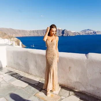 

Champagne Evening Dresses 2020 Elegant V-neck Sleeveless Sexy Formal Crystal Beading Party Long Prom Dresses for Woman