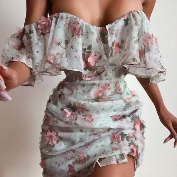 

Chiffon High Waist Party Dress Sheath Women Sweetheart Short Sleeve Flower Print Floral Boho Dress Female Vestidos De Mujer