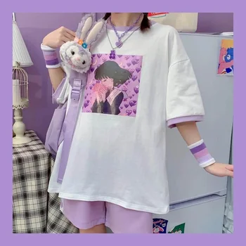 

NiceMix Black Purple Color matching Short Hair Beautiful Girl Pattern T-shirt Teen Girls Student Summer New Short Sleeve pullove