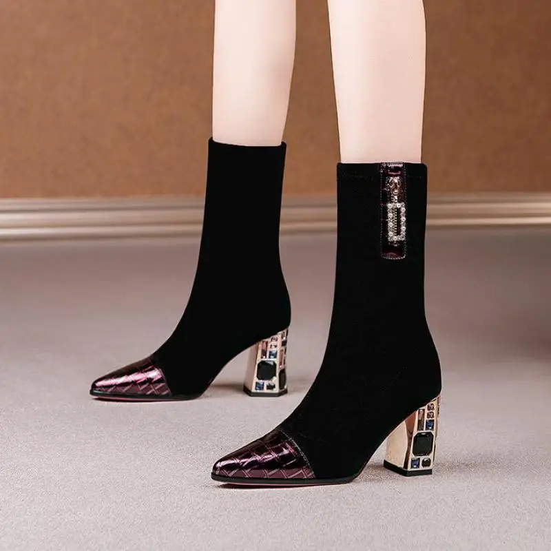 Women's Boots 2021 New Fabric High Heels Autumn Winter Socks Boots Warm Plush Women's Fashion Zipper Toe Cap