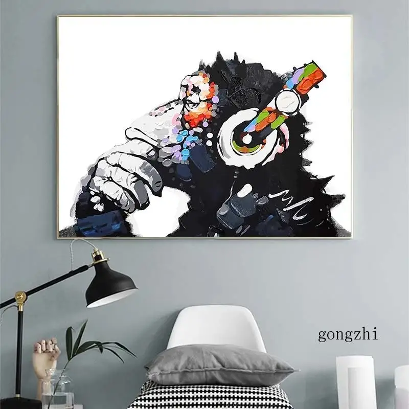 Картина на холсте мышления животных умная обезьяна с наушниками черно-белый