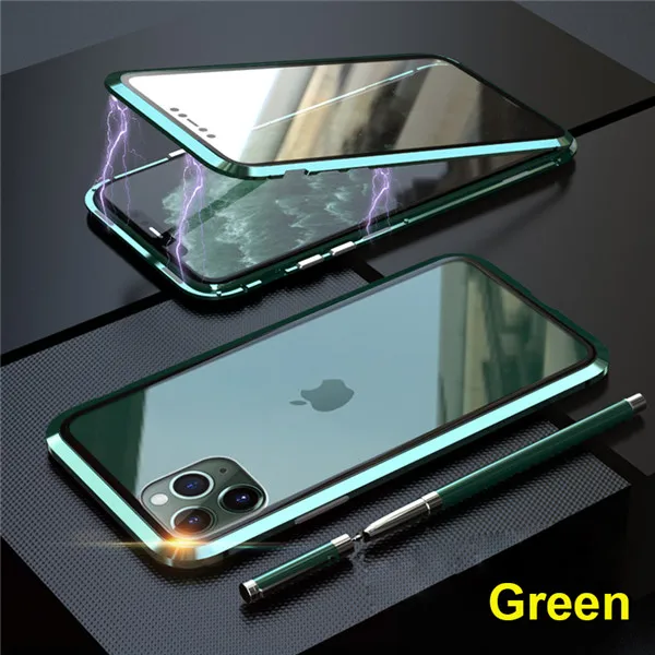 Магнитный чехол класса Xs Max для iPhone Xr, чехол с металлической рамкой, закаленное стекло, прозрачный чехол для iPhone 7 8 Plus X 11 Pro Max, чехол - Цвет: Green