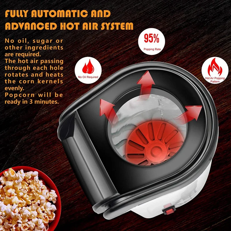 No Oil Needed Popcorn Machine 1200W Hot Air Popcorn Popper Electric Maker for Home with On Off Switch Pure White 