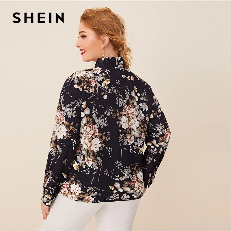 SHEIN, плюс размер, темно-синий топ с завязками на шее, с растительным принтом, для женщин, осень, однотонный, элегантный, для офиса, для женщин, s, плюс, топы и блузки