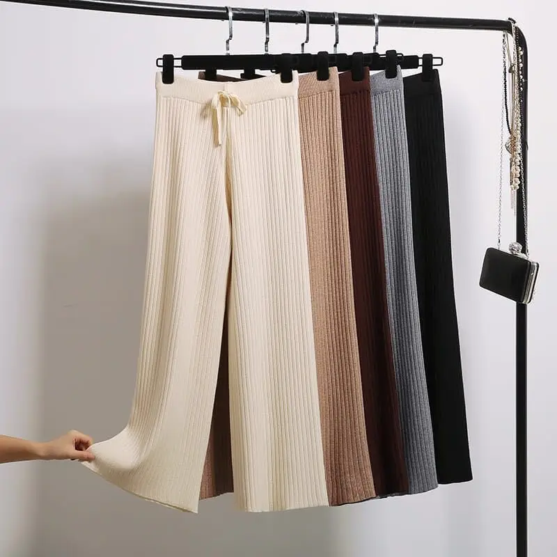 

High Waist Wide Leg Pants Women's Black Keep Warm Trousers Casual Loose Wool Pants 2020 Autumn Winter All-match Knitted Pants