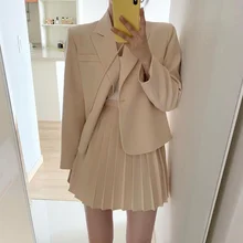 

Elegant 2021 Spring Fashion Women's Skirts Elegant Single Button Blazer and High Waist Mini Pleated Skirt Ladies Blazer Suit