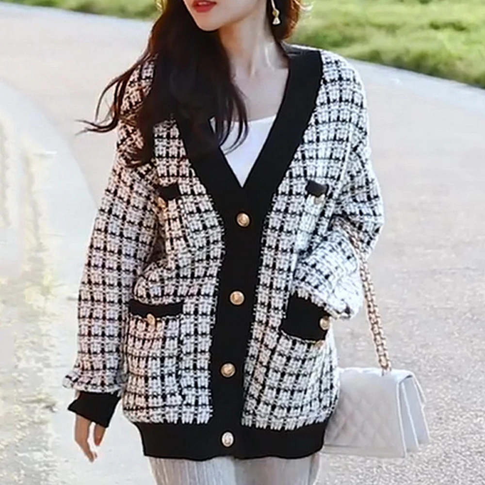 Женский свитер куртка негабаритный вязаный кардиган свободные клетчатые Джемперы Корейская одежда халат Длинное Пальто Sueter Feminino