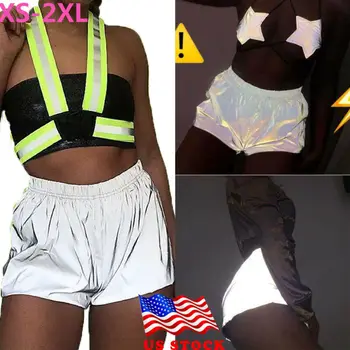

Summer Women Casual Fashion Sexy Club Shining Reflective Shorts Elastic Waist Sport Short Hot Plus Size XS-2XL